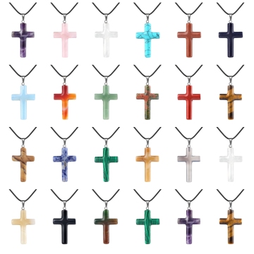 Gemstone Cross Pendant Necklace Nautural Stone Crystal Charm Cross Choker With Black Leather Adjustable Cord
