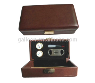 Brown Cigar leather travel humidor with cigar cutter &humidifier