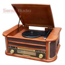 Retro Wooden Turntable with CD, USB, MP3, Cassette, and Radio Player