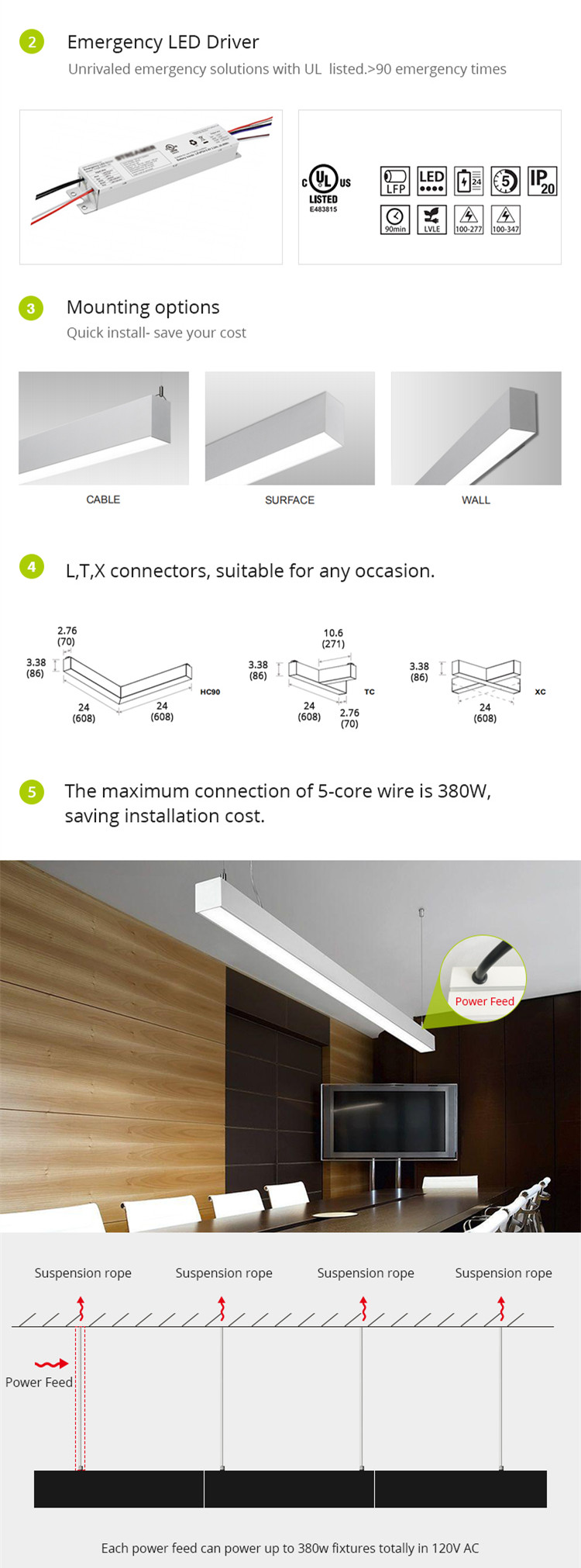 ETL CETL DLC up down 130lm 4ft 8ft 40w linkable ceiling pendant led linear shop light