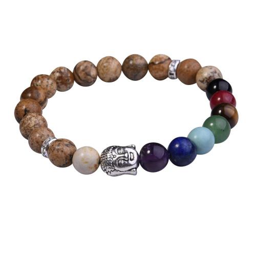 Tiger Eye Bracelet Buddha 7 Chakra Gemstone Buddhism Alloy Beads Jewelry