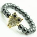 Pulsera Hematite 8MM Round Beads Stretch Gemstone con Diamante alloy Owl Piece