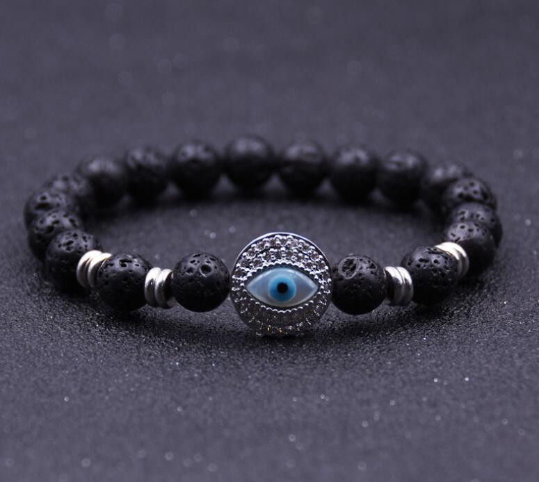 Pulsera de cuentas redondas de piedra de lava de mal de ojo de plata 8MM