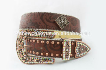 2015 New Design Western rhinestone leather belt with square conshos with crystals