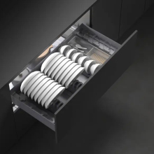 Soft-Closing Kitchen Cabinets with Pull-Out Dish and Bowl Storage Baskets