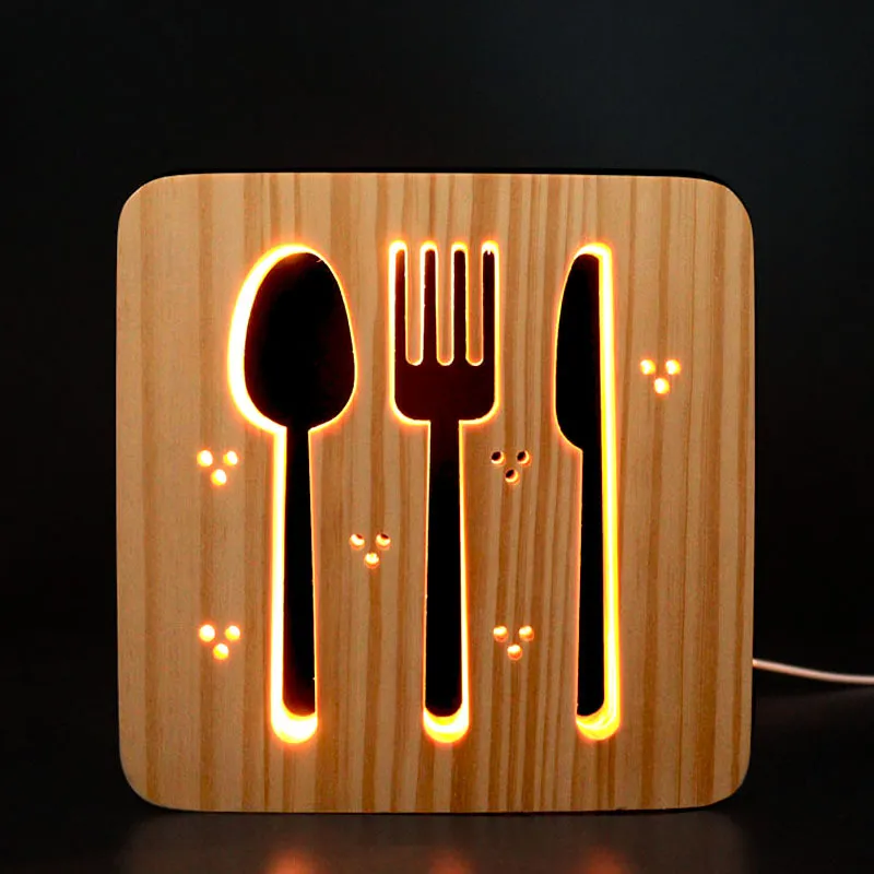 Creative 3D Night Light, Solid Wood Hollow Carving, LED Desk Lamp
