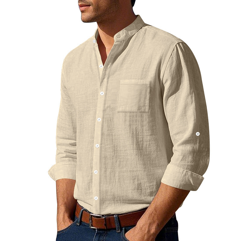 Весенне-осенняя льняная рубашка-стойка с бисером Spring Autumn Linen Beaded Stand Shirt