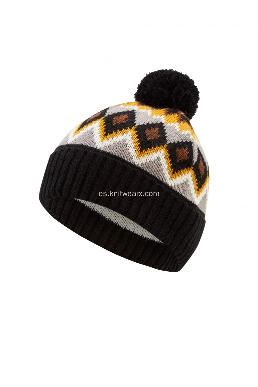 Gorro con pompón de piel sintética jacquard tejido para niño niña