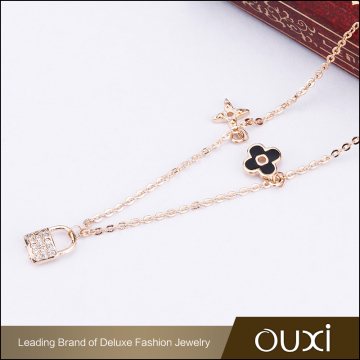 24K gold thin chain long necklace with gold lock pendant with four clover leaf small charm fashion luck necklace