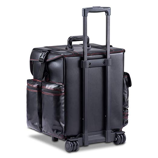 Makeup Artist Soft Rolling Trolley Cosmetic Case Trolley Makeup Case with Side Compartments and Brush Holders