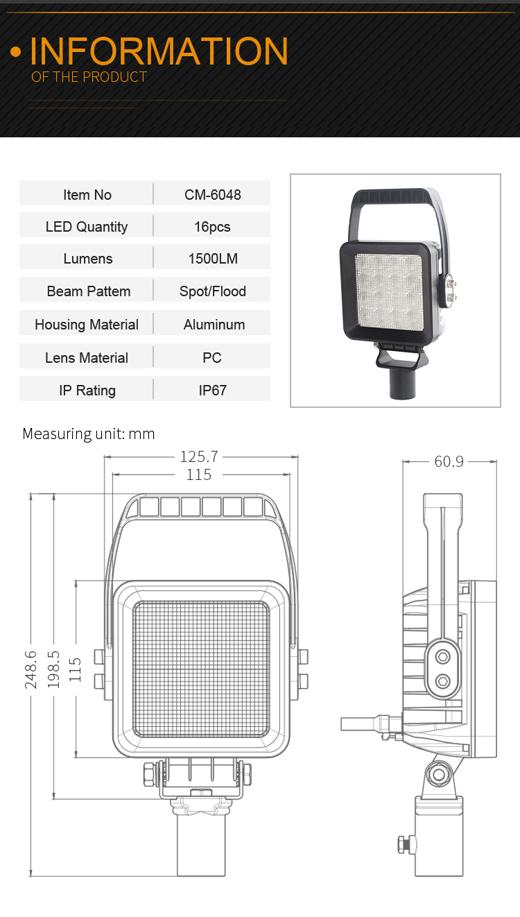 5 "48w led ไฟทำงานแบบพกพาสำหรับงานหนัก, ติดตั้งหลาย IP67 ไฟงานเกษตร