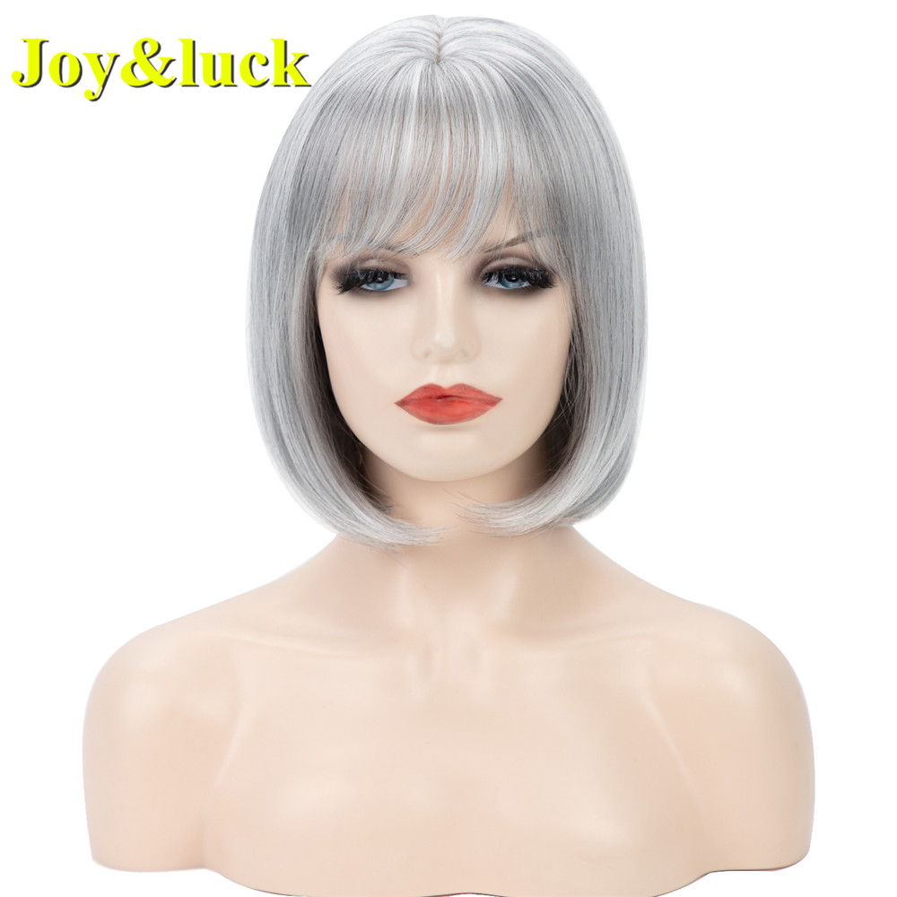 Silver Gray Middle Part Wholesale Scalp Wig For Women With Bangs Party Natural Straight Short Bob Cut Wig Synthetic Hair Wigs