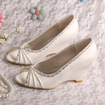 Pleated Satin Peep Toe Wedding Wedges for Bride