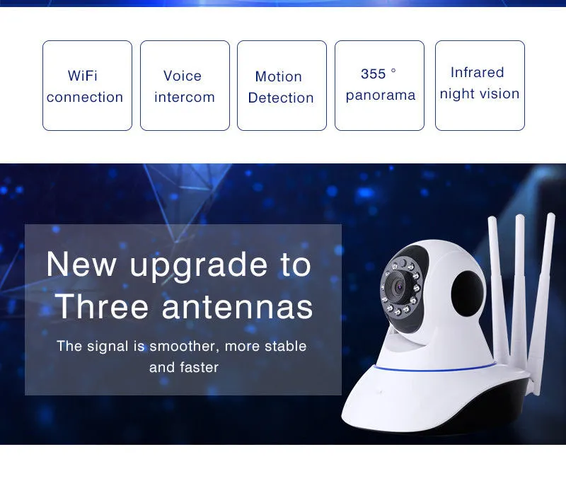 1080P WiFi IP Camera Pan & Tilt Indoor Video Surveillance Wireless Three Antennas