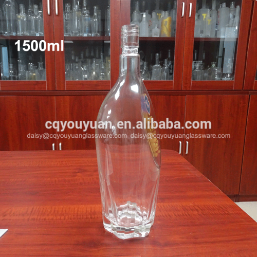 Long-neck special shape 1500ml clear glass bottles for spirits