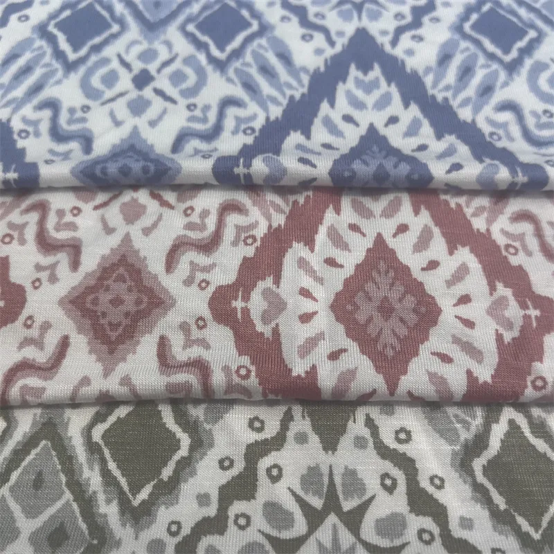 พรีเมี่ยมคุณภาพโมร็อกโกสไตล์พิมพ์ 40S + 20D 95% เหนียวยืดถักผ้าสำหรับสุภาพสตรีชุด