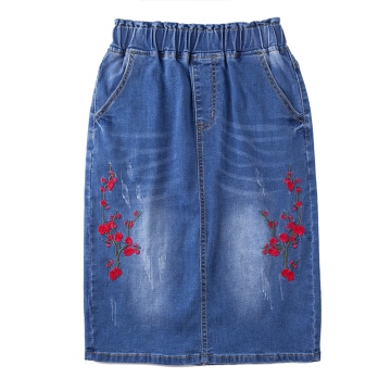 Adjustable Waist Embroidery Straight Denim Jeans Skirt