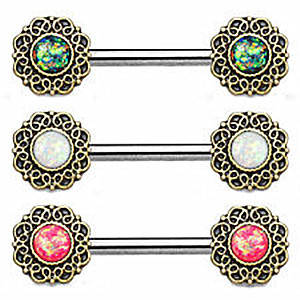 Tribal Hearts Rings Straight Barbell with Opal