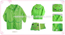 Green frog 100% waterproof PU coated polyester kids raincoat