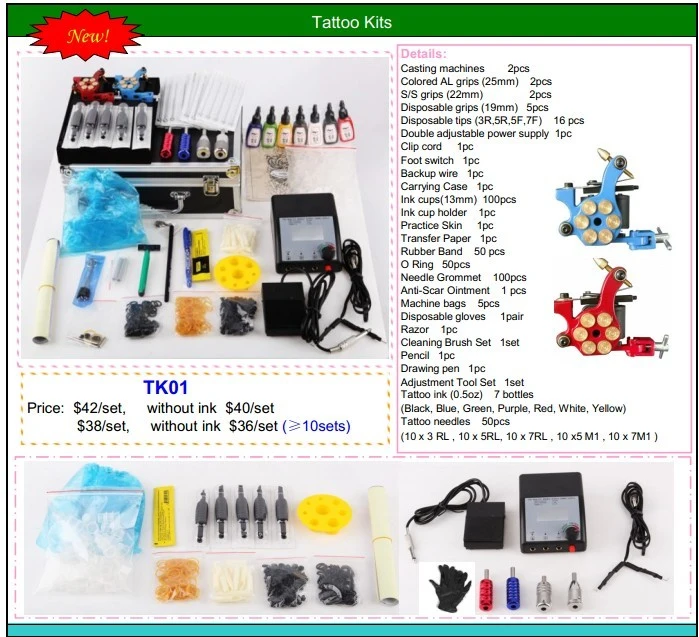 Tattoo Machine Set Power Supply /Needle/ Grip Tattoo Kit Tk04