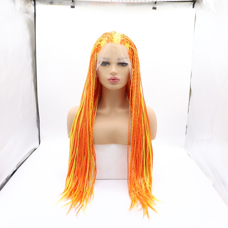 Long straight mixed red gold cheap wholesale high quality heat resistant synthetic braided wig with lace front