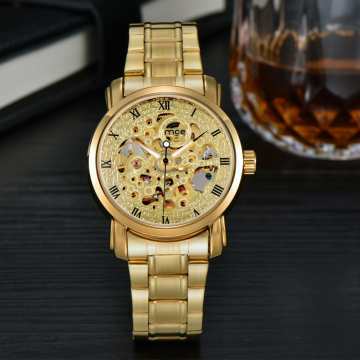 Luxury gold steel skeleton women dress watch