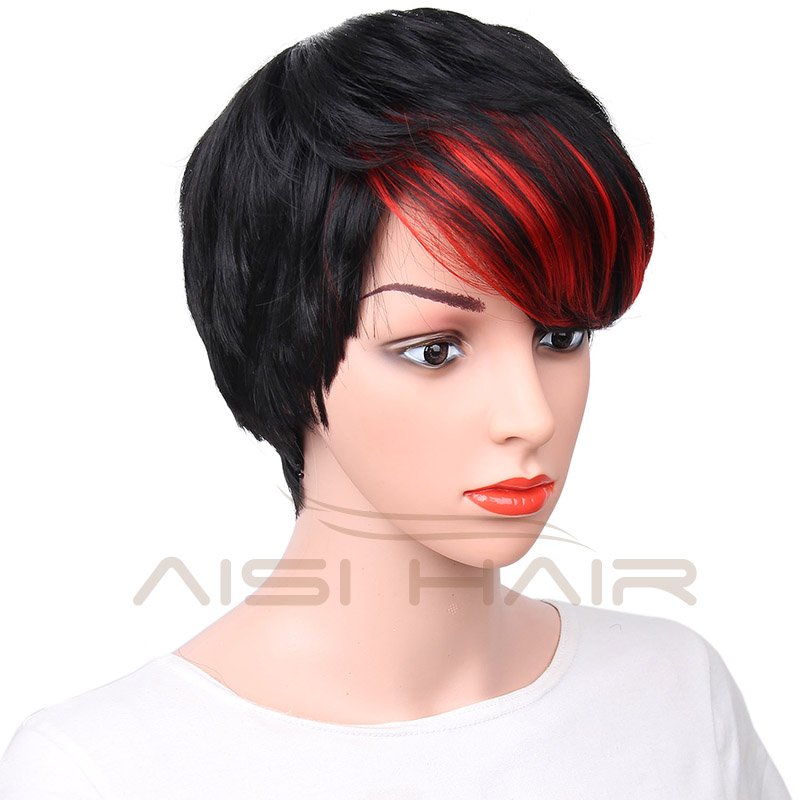 For Women Synthetic Short Style The Best Selling Straight Pixie Cut Wigs Hair With Red Bangs Wig Heat Resistant Fiber