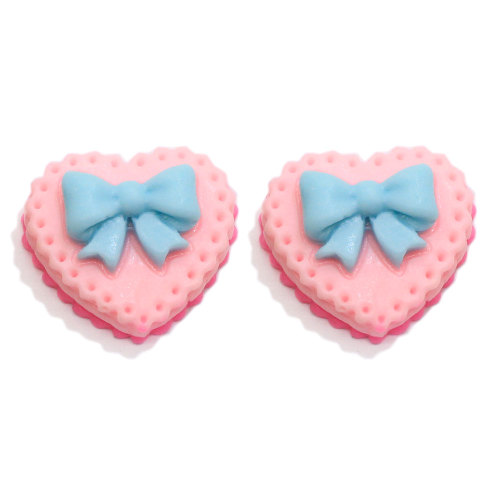 17mm Cartoon Heart Cookies With Bowknot Decoration Food Play DIY Biscuit Children Hair Ornament Resin Charms For Decoration