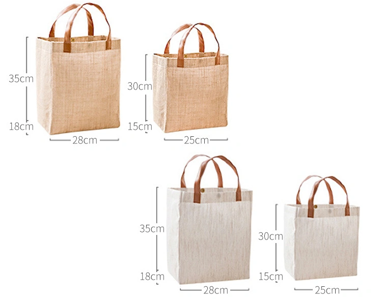 Freestanding Custom Durable Burlap Material Inside Water-Resistant PE Coating Eco-Friendly Reusable Jute Grocery Tote Bags Shopping Bag with PU Leather Handle