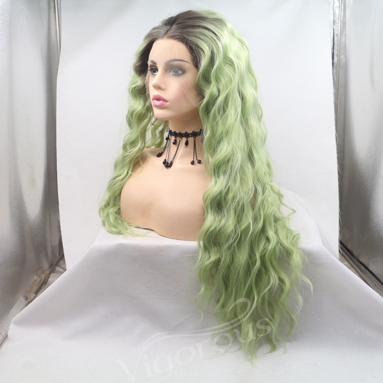 26 Inch Long Water Wavy Ombre Green Color 13x3 Lace Front  For Women Curly Green Hair Full Wig Fibre Synthetic