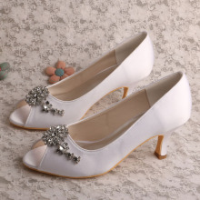 Open Toe White Bridal Heels with Crystal Brooch
