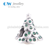 Hot Sell Silver Bead Christmas Tree Charm Green Rhinestone Festival Bead