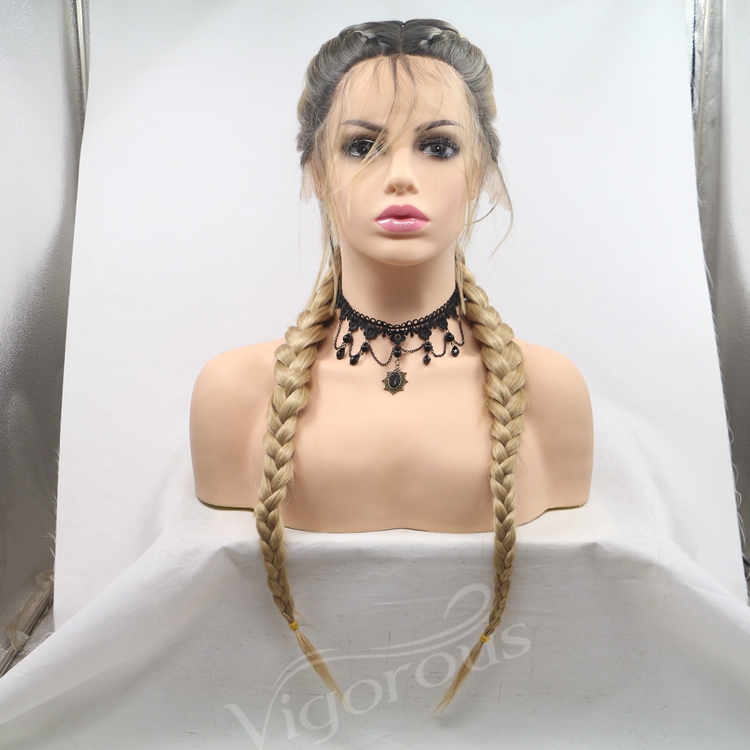 Long straight ombre black blonde cheap wholesale high quailty heat resistant synthetic jumbo braided wig with lace front