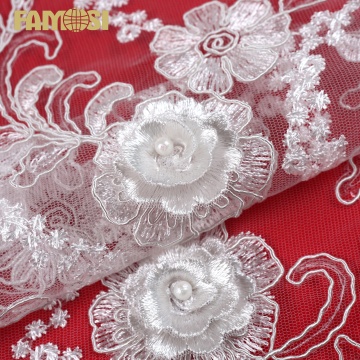 Luxury 3D White Flower Beaded Embroidered Lace Fabrics with Sequins for Weddings