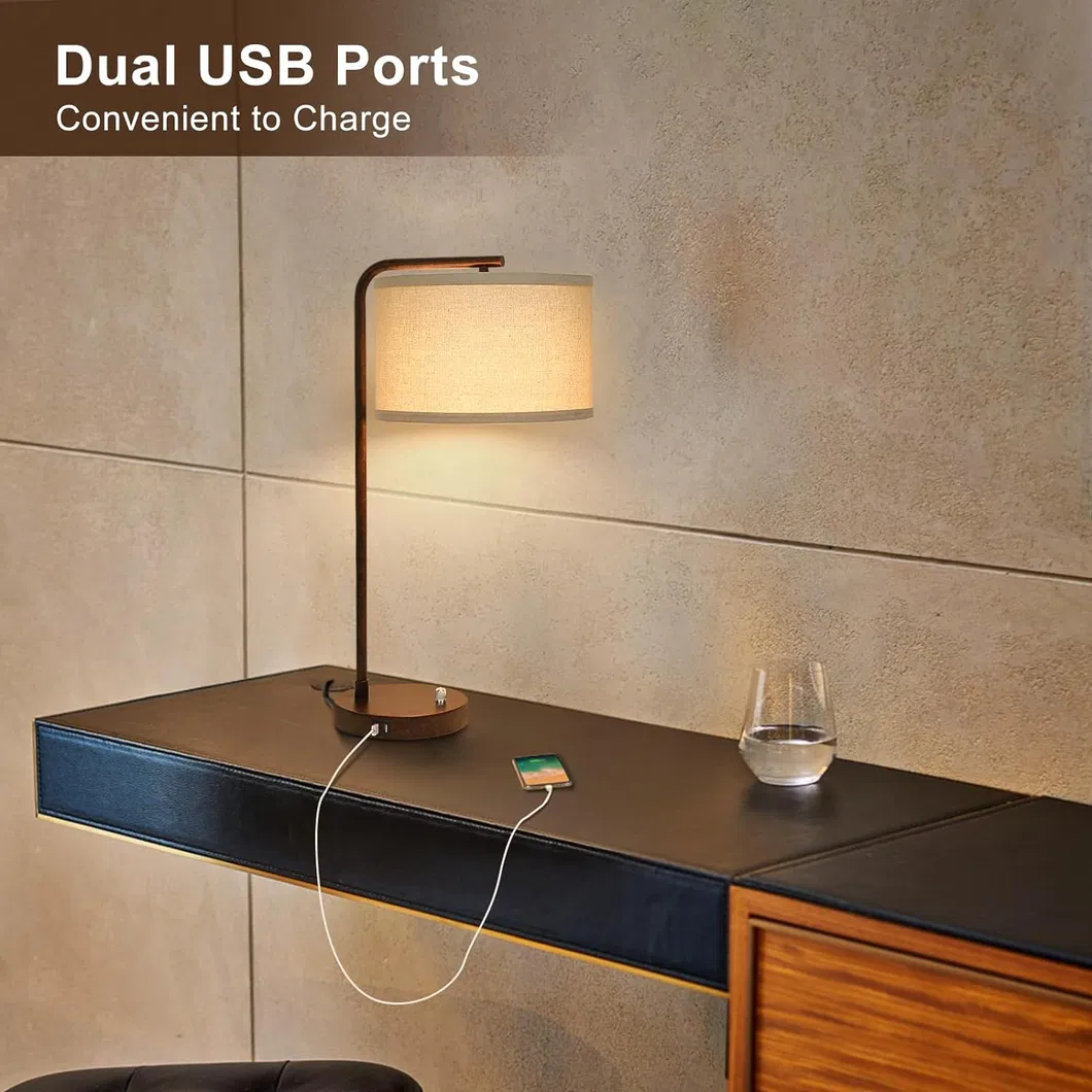 Modern USB Charging Bedside Lamp with Linen Shade