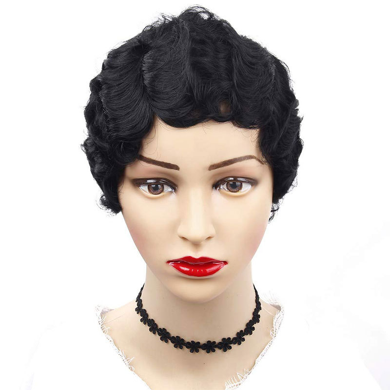 Short Pixie Cut Finger Wave Wig 100% Human Hair,  Non Lace Machine Made Pixie Wavy Short Human Hair Wigs For Black Women