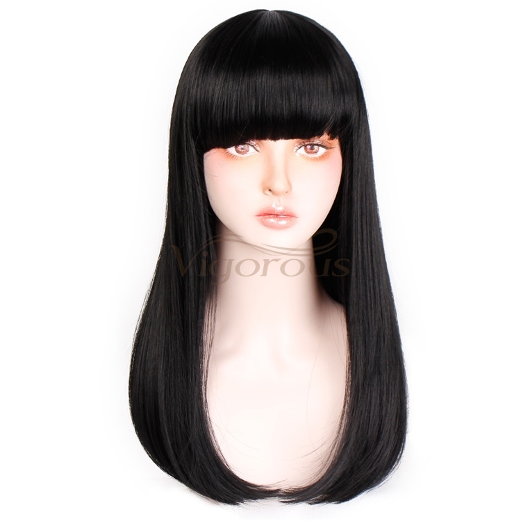 Vigorous 24" Long Straight Wig with Bangs Heat Resistant Synthetic Hair Wigs for White Black Women Cosplay