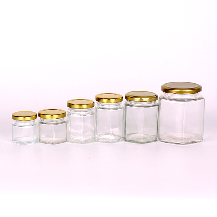 Wholesale Custom hexagonal glass jam jar food glass honey jar with screw cap