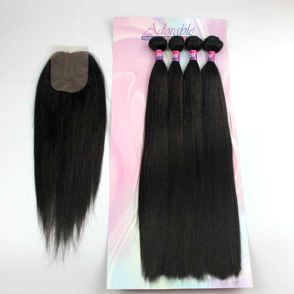 Amazing Yaki Straight Best organic Synthetic Fiber hair Weave Bundles Hair With Middle part lace Closure