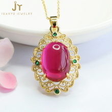 Handcrafted Hollow-Out Gold Plated Diamond Flower-Shaped Pendants with Cultivated Rubies and Precious Stones Jewelry