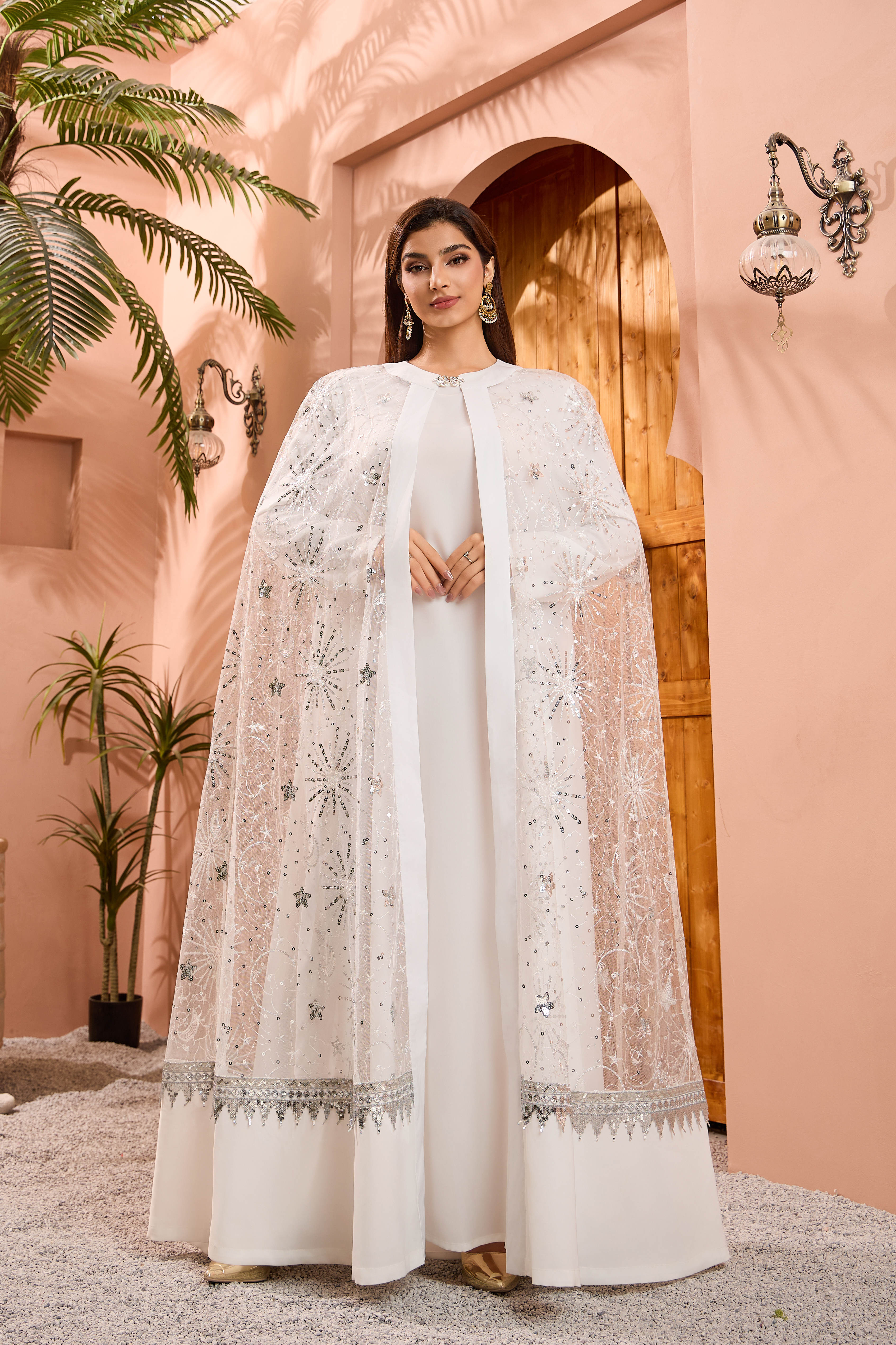 پولک دوزی سفید شنل ست مدل عبای استایل نمای 03 white sequin embroidered cape abaya set model styling view 03