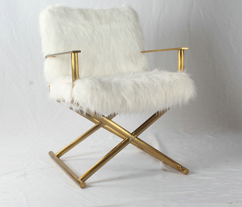 Modern Luxury Modern Brass Gold Metal Stainless Steel Upholstered Mongolian Fur Chair