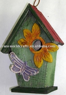 red roof solid wooden bird house