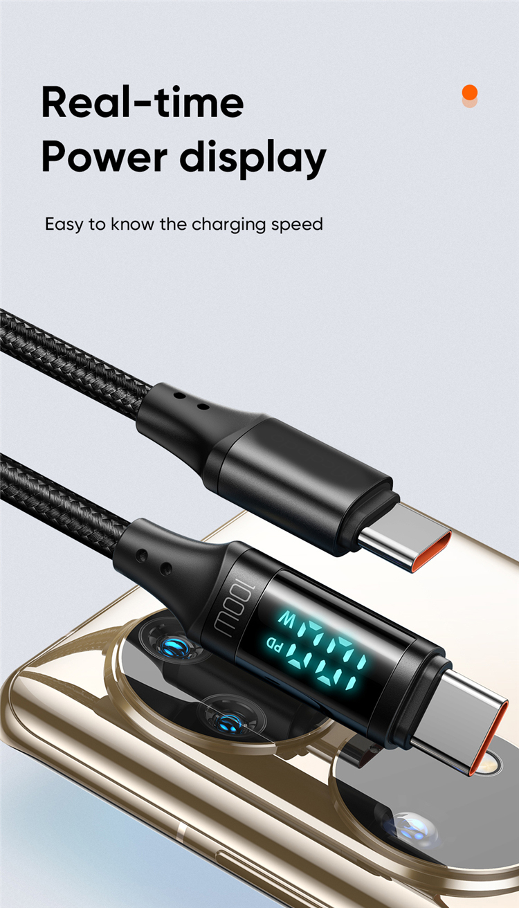 PD 100W FAST charger USB Type C to Type C cable with Display for phone laptop video camera battery