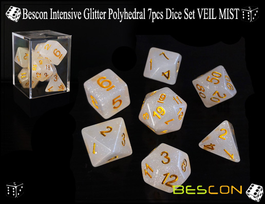 Bescon Intensive Glitter Polyhedral 7pcs Juego de dados VEIL MIST-3 Bescon Intensive Glitter Polyhedral 7pcs Dice Set VEIL MIST-3