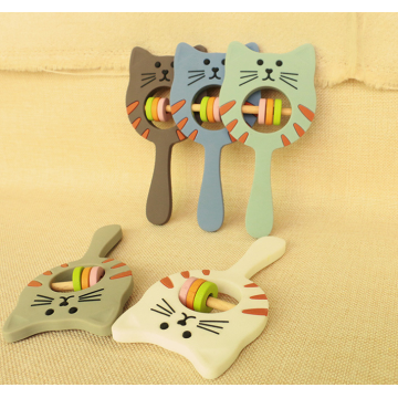 Cat Silicone Teething Toy Rattle with Wooden Ring