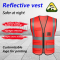 Red mesh fabric zipper multi pocket safety vest