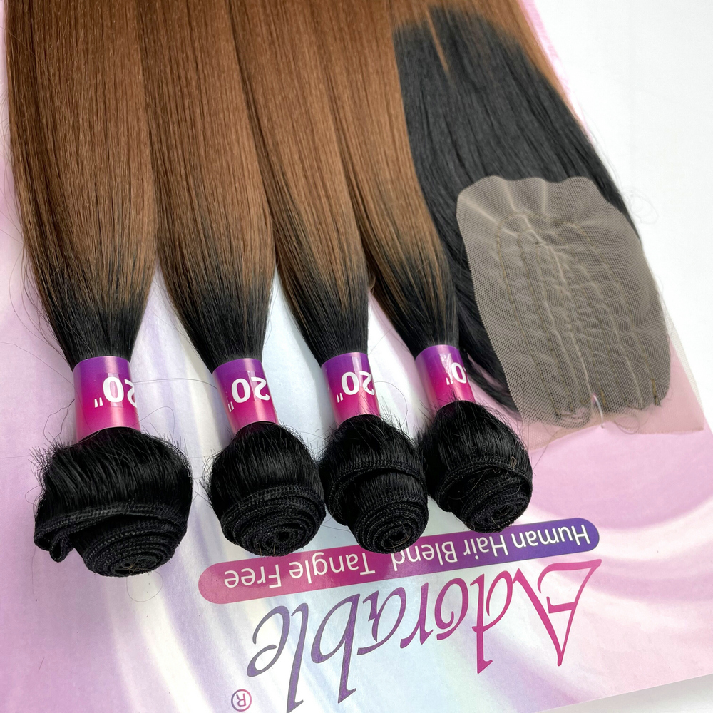 Yaki straight synthetic hair T color protein fiber hair weaving Amazing Yaki 4pcs 20" 22"and a closure in a pack