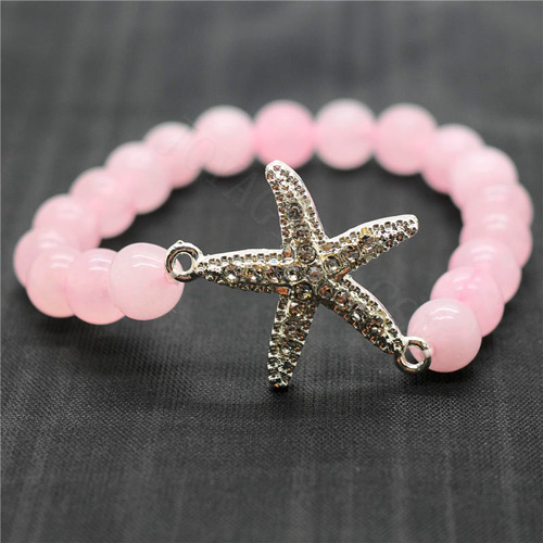 Pulsera de piedras preciosas elástica de cuentas redondas de cuarzo rosa de 8 mm con pieza de estrella de aleación de diamante