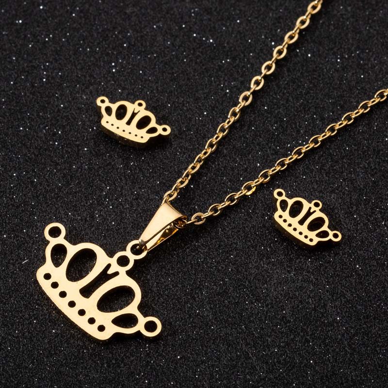Gold Stud Earrings Necklace Jewelry Sets for Girls Wedding Jewelry Stainless Steel Crown Necklace Jewelry Set